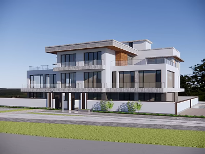 Modern Semi Detached Villa with Large Glass Windows Balcony Flat Roof Design and Green Lawn 3d model