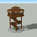 Two Story Wooden Tower With Spiral Staircase In Green Grass Park