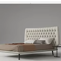Double Bed With Tufted White Headboard Brown Bed Sheets And Side Tables With Flowers 3d model