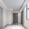 Modern Elevator Hallway With Light Stone Walls Dark Doors Ceiling Lighting And Marble Floor 3d model