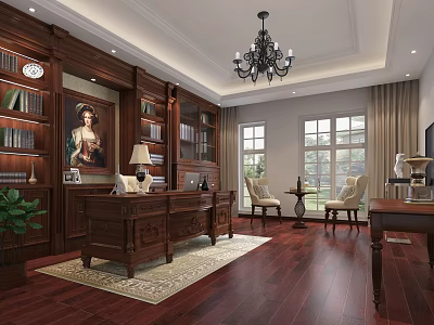 Classical Office Interior With Dark Wooden Desk Bookshelves Oil Painting Chandelier Windows And Rug 3d model
