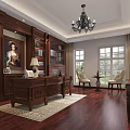 Classical Office Interior With Dark Wooden Desk Bookshelves Oil Painting Chandelier Windows And Rug