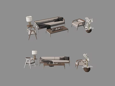 Modern Sofa Coffee Table Set with Armchair Table Lamp and Flower Vase in Living Room 3d model