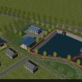 Aerial Planning of Green Residential Area With Trees Buildings and Blue Pond