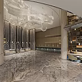 Modern Hotel Lobby Interior with Marble Floor Large Chandelier Columns and Floor to Ceiling Windows