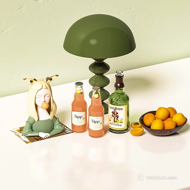 Decorative Ornament Set With Green Table Lamp Female Figurine Beverage Bottles And Orange Bowl 3d model 