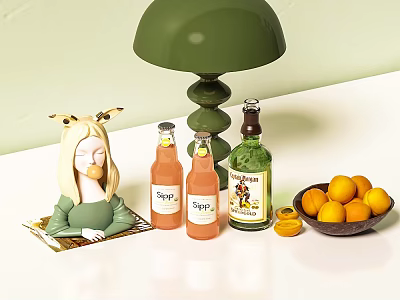 Decorative Ornament Set With Green Table Lamp Female Figurine Beverage Bottles And Orange Bowl 3d model
