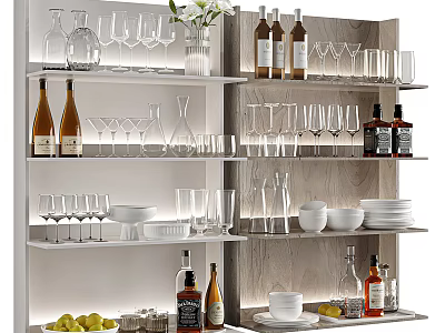 Stylish Tableware Set With Glassware Bowls Plates Wine Bottles And Fruits On Shelves 3d model