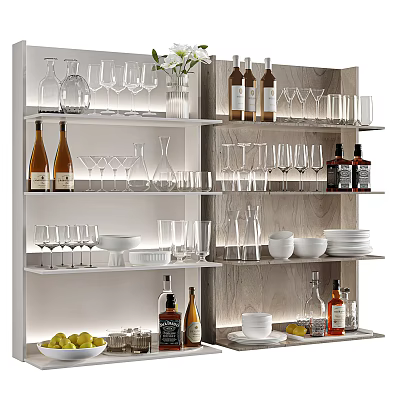 Stylish Tableware Set With Glassware Bowls Plates Wine Bottles And Fruits On Shelves 3d model