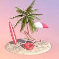 Red And White Striped Beach Lounge Chair Under Palm Tree With Umbrella And Inflatable Ring