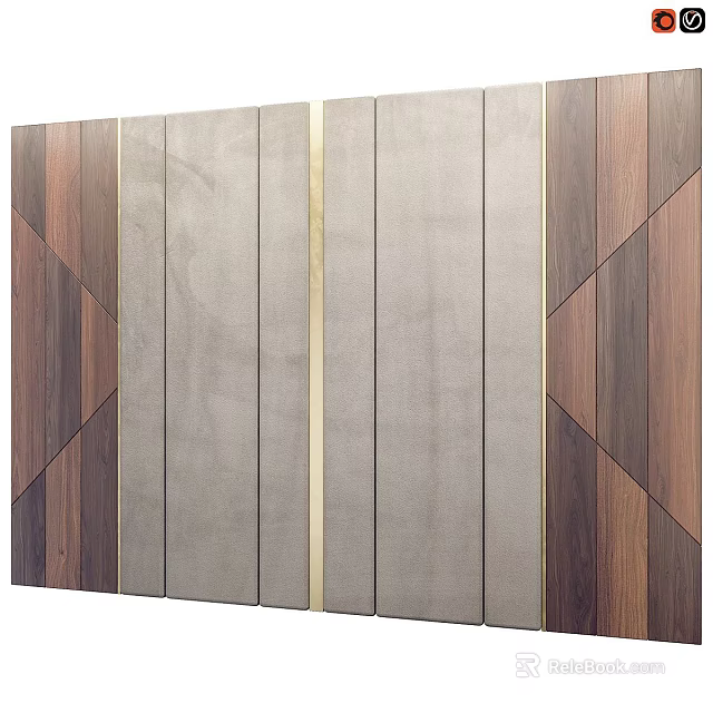 Modern Accent Wall Design with Wooden Gray Panels and Gold Decorative Lines 3d model 