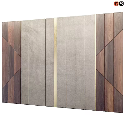 Modern Accent Wall Design with Wooden Gray Panels and Gold Decorative Lines 3d model