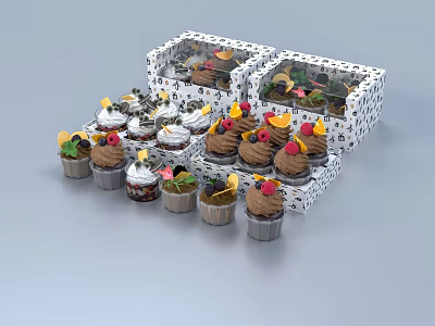 Delicious Cupcakes Decorated With Fruits And Cream In Transparent Polka Dot Boxes 3d model