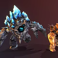 Fantasy Character Battling Rock And Crystal Monsters With Spiked Bodies And Glowing Eyes