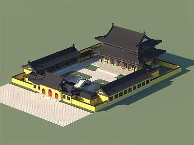 Ancient Chinese Architecture with Yellow Walls Black Roofs Courtyard and Red Doors 3d model