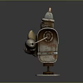 Rusty Metal Robot Sculpture With Hat Holding Pillow On Base