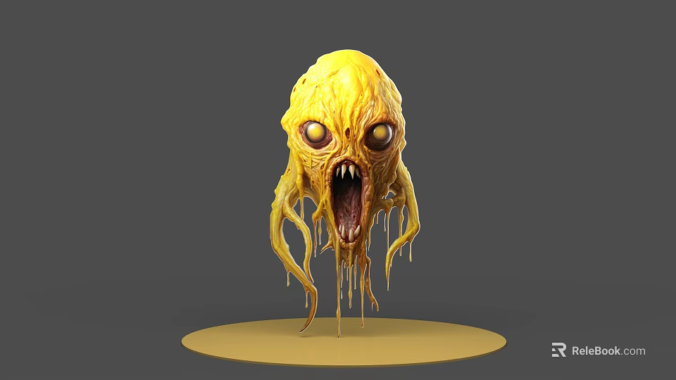 Yellow Monster Game Movie Character With Multiple Eyes Tentacles Open Mouth Dripping Liquid Round Base 3d model 