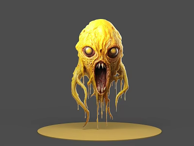 Yellow Monster Game Movie Character With Multiple Eyes Tentacles Open Mouth Dripping Liquid Round Base 3d model