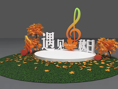 Round Stage Design With Colorful Music Note Orange Trees Green Grass And Autumn Fallen Leaves 3d model