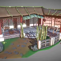 Cartoon Chinese Architectural Scene With Pavilion Tile Roof Bamboo Stone Steps And Windows