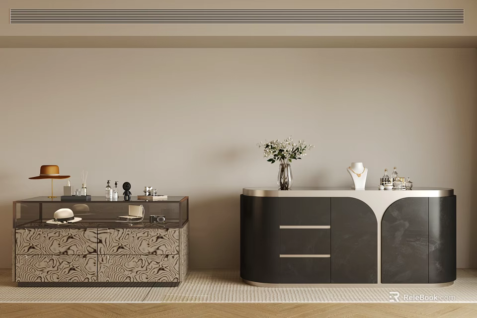 Elegant Jewelry Cabinet With Patterned And Black Silver Design And Decorative Items On 3d model 