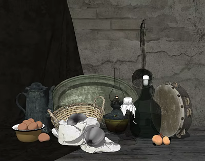 Vintage Rustic Kitchenware Display With Kettle Basket Eggs Pottery Glass Bottle And Stone Wall 3d model