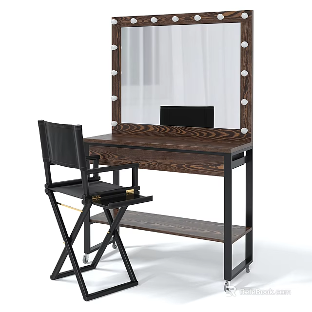 Wooden Dressing Table With Lighted Mirror And Black Chair Metal Frame 3d model 