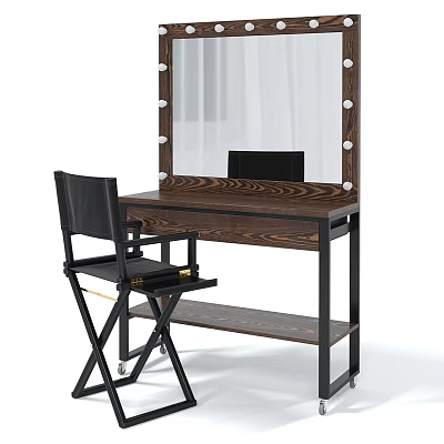 Wooden Dressing Table With Lighted Mirror And Black Chair Metal Frame 3d model