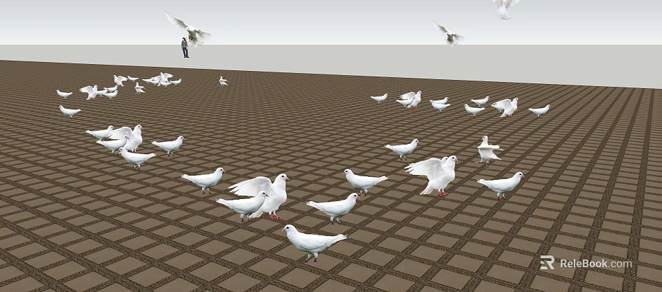 White Doves As Flying Animals Flying And Standing On Checkerboard Ground With Distant Person 3d model 