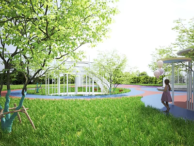 Scenic Park With Green Lawn Trees Little Girl Holding Balloons And Colorful Pathway 3d model