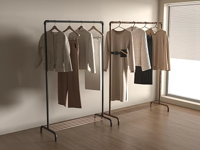 Stylish Clothes On Clothing Racks In Minimalist Room With Neutral Tones And Natural Light 3d model