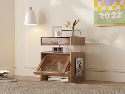Wooden Entryway Side Cabinet With Drawers Storage Vase And Books On Top With Pendant Lamp 3d model
