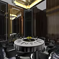 Elegant Private Dining Room With Round Table White Tablecloth Gray Chairs And Yellow Centerpiece