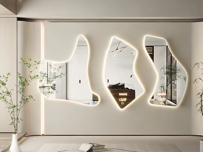 Modern Illuminated Wall Mirrors With Irregular Shapes In Living Room Interior 3d model