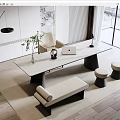 Modern Minimalist Desk With White Top Black Legs Laptop Lamp Plant Chair And Stools