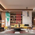 Elegant Luxury Living Room Interior With Yellow Sofa Colorful Painting Wooden Bookshelf And Geometric Rug