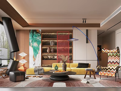 Elegant Luxury Living Room Interior With Yellow Sofa Colorful Painting Wooden Bookshelf And Geometric Rug 3d model