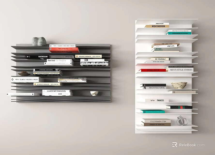 Gray And White Wall Mounted Bookshelves With Colorful Books And Decorative Items 3d model 