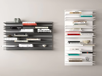 Gray And White Wall Mounted Bookshelves With Colorful Books And Decorative Items 3d model