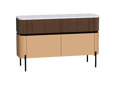 Decorative Cabinet Featuring Dark Vertical Striped Top White Countertop Light Brown Doors And Black Legs 3d model
