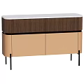 Decorative Cabinet Featuring Dark Vertical Striped Top White Countertop Light Brown Doors And Black Legs