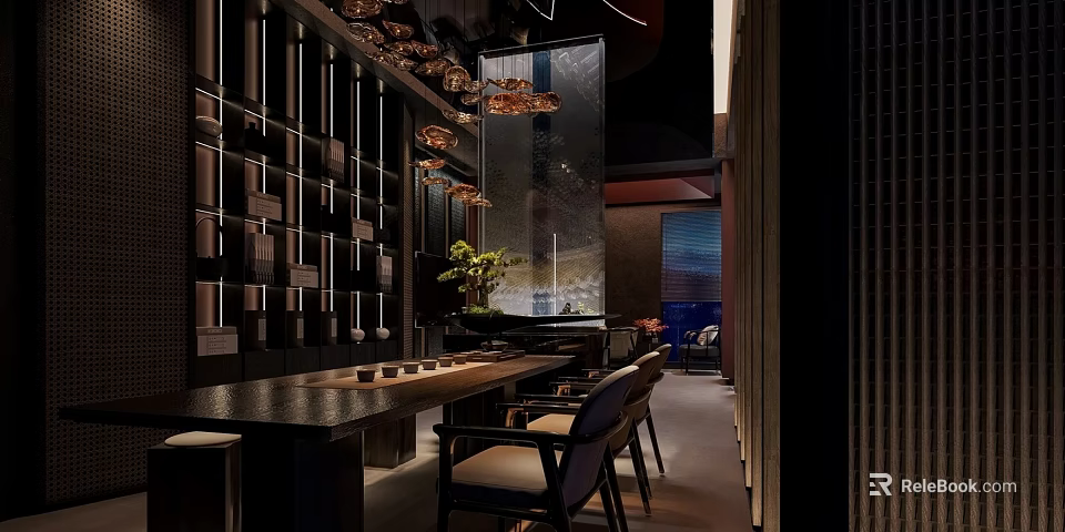 Modern Restaurant Interior With Wooden Decor Pendant Lights Bar Counter And Green Plants 3d model 