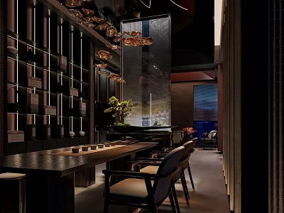 Modern Restaurant Interior With Wooden Decor Pendant Lights Bar Counter And Green Plants 3d model
