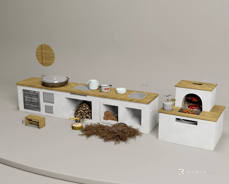 Modern Kitchen Wood Stove With Countertop Storage Firewood And Cooking Pots 3d model 
