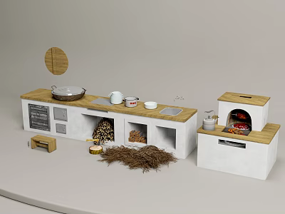 Modern Kitchen Wood Stove With Countertop Storage Firewood And Cooking Pots 3d model