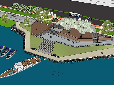 Scenic Waterfront Area With Boats Trees Bus And Pedestrian Walkway Design 3d model