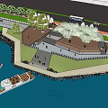 Scenic Waterfront Area With Boats Trees Bus And Pedestrian Walkway Design