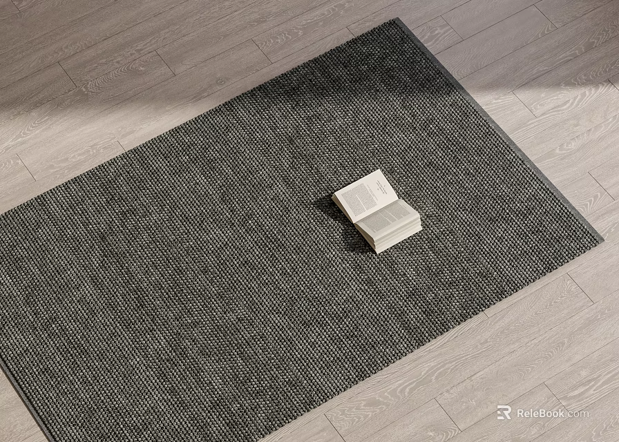 Square Rug Dark Gray Textured Design On Light Wood Floor With Book 3d model 