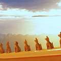 Ancient Architecture Traditional Roof with Golden Dragon Ornaments and Animal Statues Under Sunset and Mountains