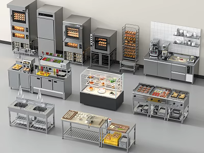Stainless Steel Commercial Kitchen Equipment With Ovens Refrigerators Display Cases And Worktables 3d model